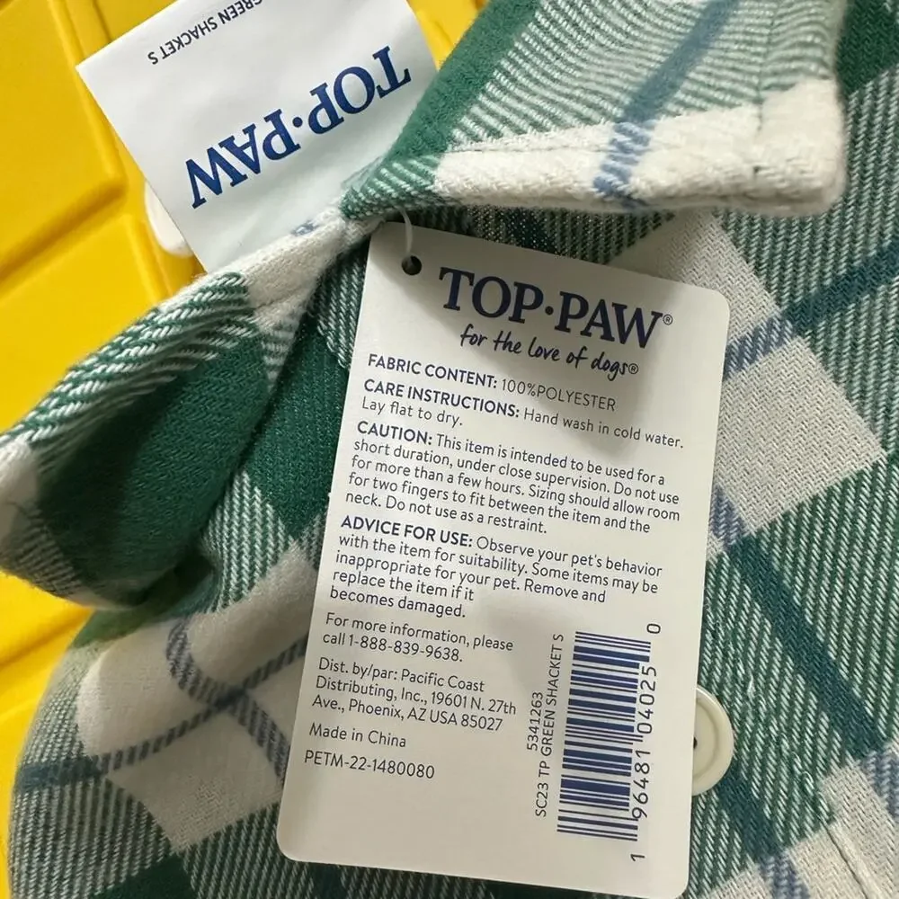 Top Paw Green and Blue Shacket Plaid Dog Shirt - S